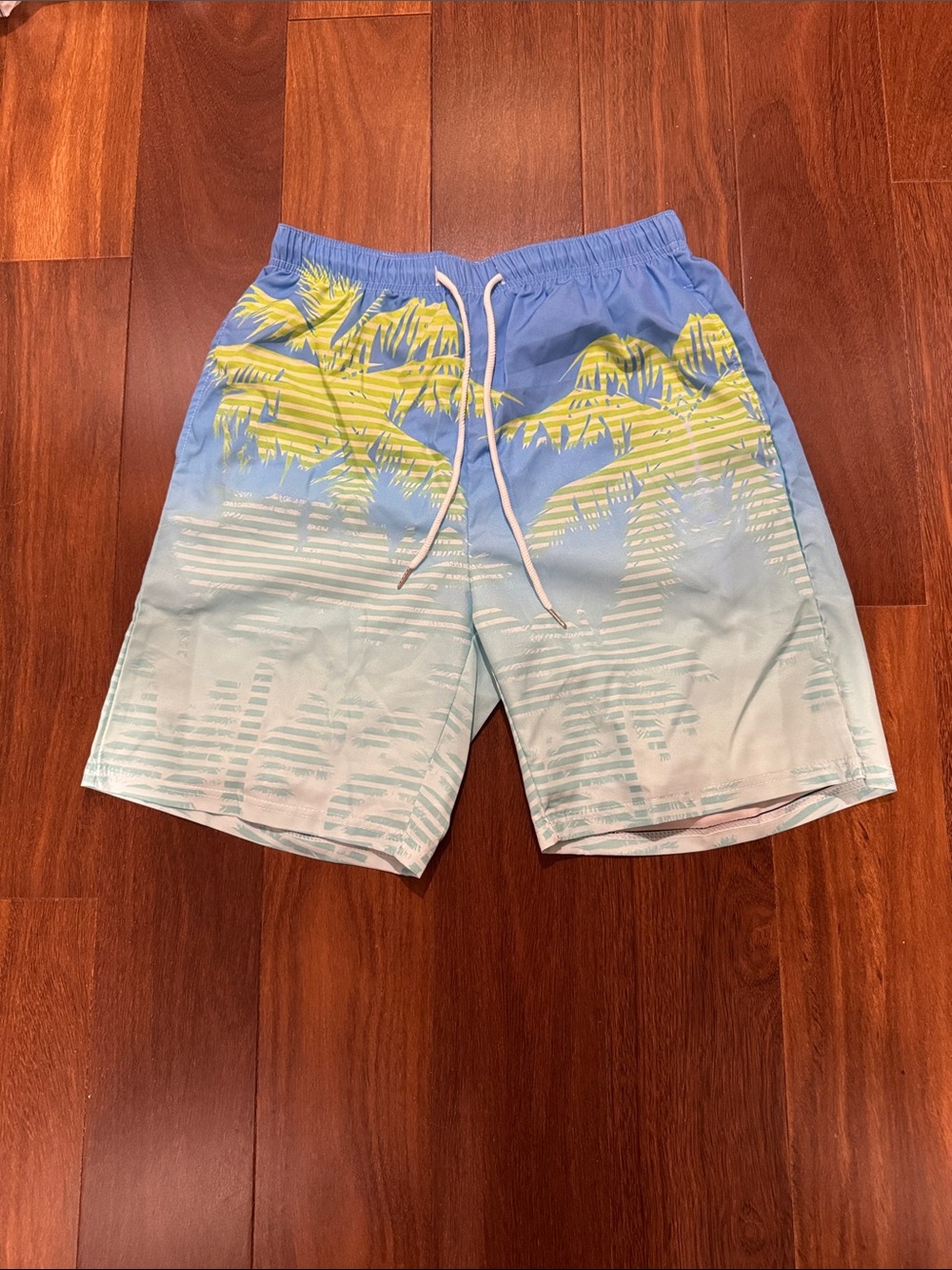 Men's Size Medium Light Blue Palm-Print Swim Trunks